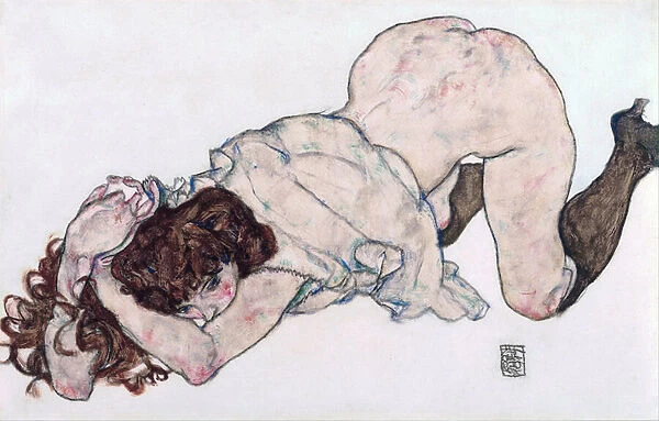 Kneeling Girl, Resting on Both Elbows - Schiele, Egon (1890-1918) - 1917 - Black chalk, Gouache on Paper - 28, 7x44, 3 - Leopold Museum, Vienna