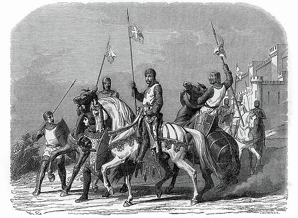 Knights bannerets going to the Crusade. Engraving of a book on the Crusades, editions Alfred Mame & Fils 1892