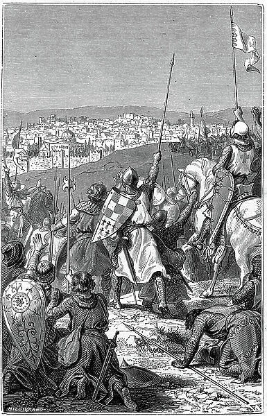 The Knights Cross arrived in sight of Jerusalem, which they conquered in 1099. Engraving of a book on the Crusades, editions Alfred Mame & Fils 1892