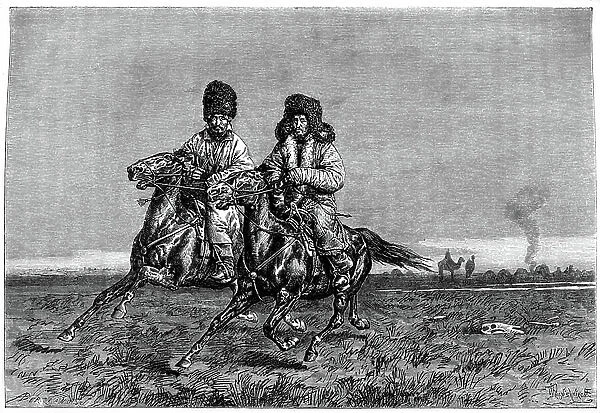 Kyrgyz horsemen (one of whom wears a chapka) galloping in the tundra (steppe) - The Autonomous Republic of Kyrgyzstan was created in 1926 - Drawing by Pranishnikoff by nature. Elysee (Elisee) Reclus (1830-1905), Hachette 1881