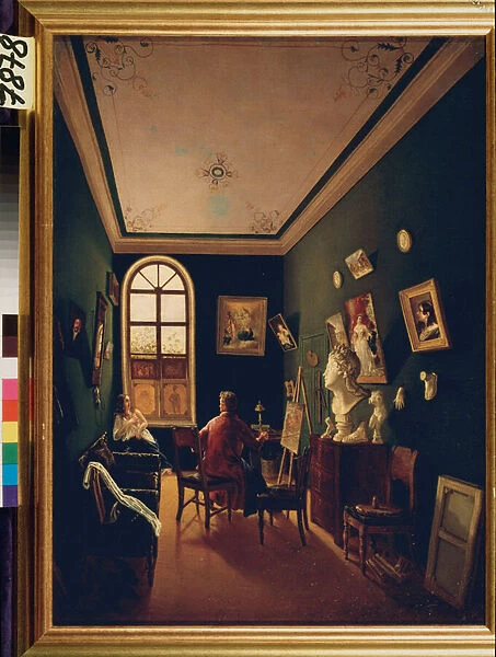 L atelier du peintre. Peinture d un maitre russe, huile sur toile, 1843. Art russe 19e siecle. State History Museum, Moscou