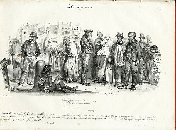La Caricature (1830) politique, Satirique en N & B, 1831_10_27: Freed people whose happiness begins. - Misere - Worker - Illustration by Charles Travies de Villiers (Travies) (1804-1859)