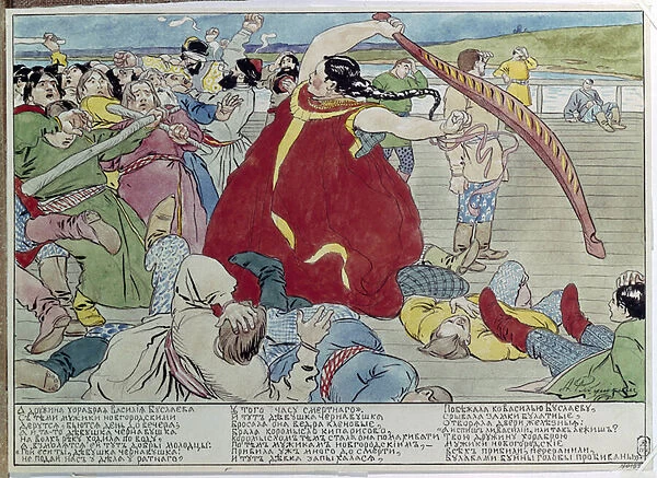 La servante battant les novgorodiens (Maid beat the novgorodians). Illustration d un conte traditionnel de la mythologie, avec une heroine qui defend la liberte et l independance du peuple russe