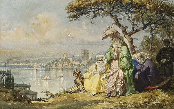 Ladies on the Bosphorous with Rumeli Hisar Beyond, 1873 (pencil and watercolour on paper)