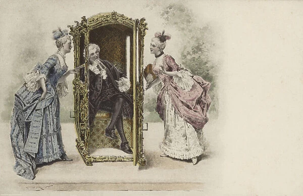 Two ladies and a gentlemen in powdered wigs (colour litho)