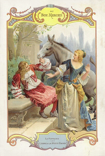 Lady and gentleman startled by horse (chromolitho)