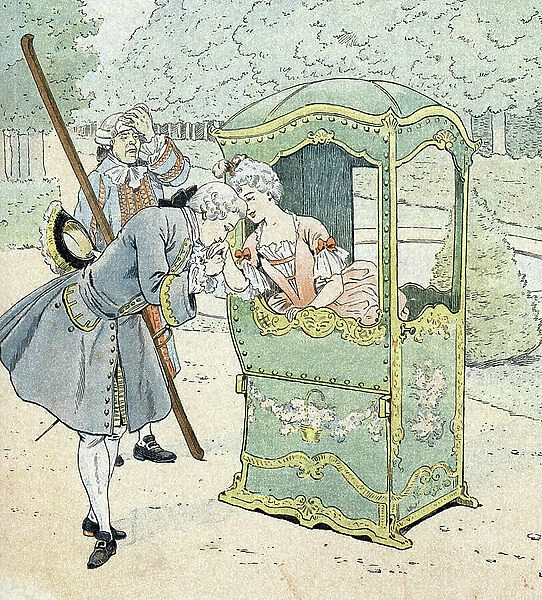 Lady of the nobility in the 18th century, in a chair with porters receiving the kiss hand, 1895 (Illustration)