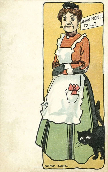 Landlady and her pet cat (chromolitho)