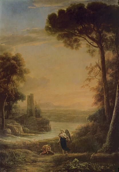 Landscape, the Archangel Raphael and Tobias (oil on canvas)