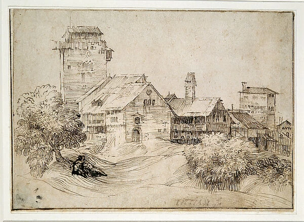 Landscape with buildings and lovers, embracing, after Titian (pen & brown ink on paper)