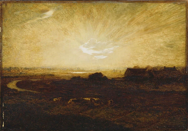 Landscape at sunset (oil on panel)