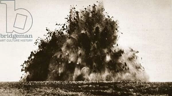 A large mine being detonated in French territory during World War One (b  /  w photo)