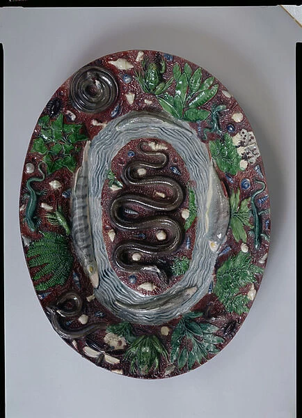 Large oval dish moulded in relief with a grass snake, batrachians and fish (earthenware)