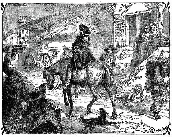 L'arrivee de d'Artagnan in Paris - Illustration for the novel 'The Three Musketeers' by Alexandre Dumas in the 'Journal des roman populaires illustres' beginning 20th century