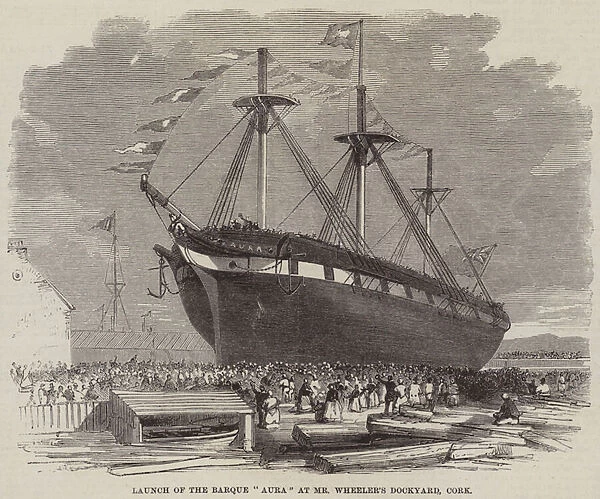 Launch of the Barque 'Aura'at Mr Wheelers Dockyard, Cork (engraving)