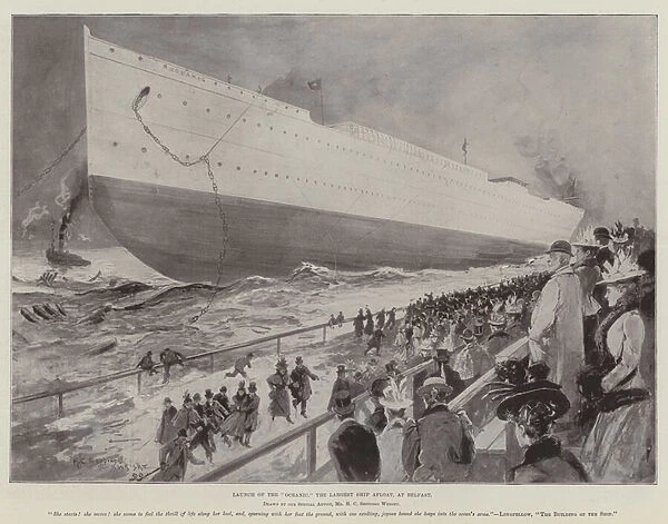 Launch of the 'Oceanic, 'the Largest Ship afloat, at Belfast (litho)