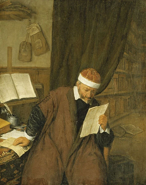 A Lawyer Seated at a Desk Reading a Letter, a Library Beyond, 1668 (oil on canvas)