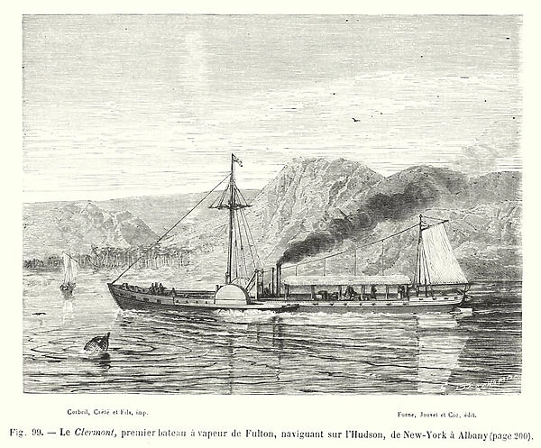 Le Clermont, premier bateau a vapeur de Fulton, naviguant sur l Hudson, de New-York a Albany (engraving)