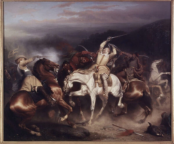 Le roi Gustave II Adolphe de Suede, dit le Grand ou le lion du nord, a la bataille de Trzciana (ou bataille de Honigfelde ou de Sztum) juin 1629 - King Gustav II Adolf of Sweden (1594-1632) at Stuhm, by Wahlbom, Carl (1810-1858). Oil on canvas, 1854