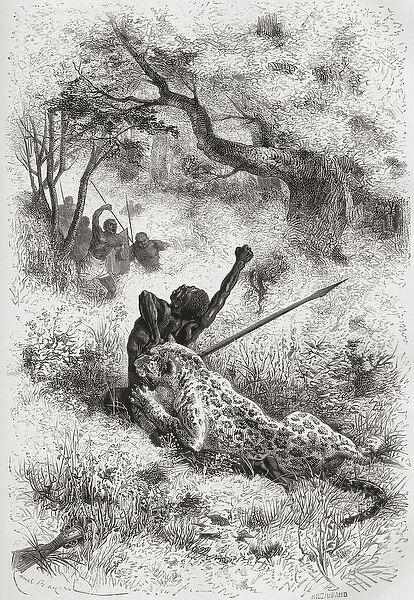 A leopard attacking an African, illustration from The World in the Hands