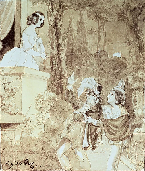 Leporello serenading Elvira in the guise of Don Giovanni (Don Juan) who stands behind him