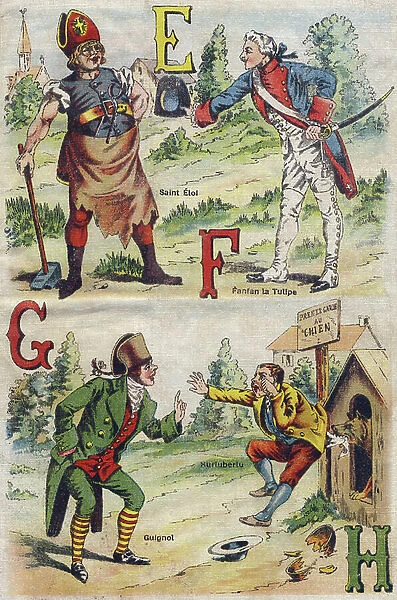 Letter E, F, G and H: Saint Eloi (Saint-Eloi, Eloi de Noyon, ca. 588-659), Fanfan la Tulip (character of the song written by Emile Debraux), Guignol (puppet) and Hurluberlu getting bitten by a dog, beg 20th century (chromolithograph)