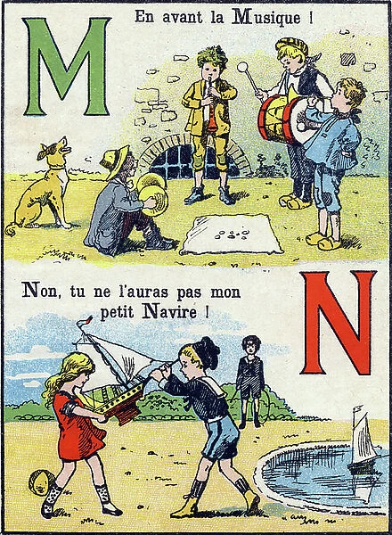 Letter M: Forward the Music! Letter N: No, you won't get my little ship! Engraving in ' ABC fun'. Monrocq Freres, editors, beginning of the 20th century. 20 pages. Dim: 24, 5x18, 5cm. Private Collection