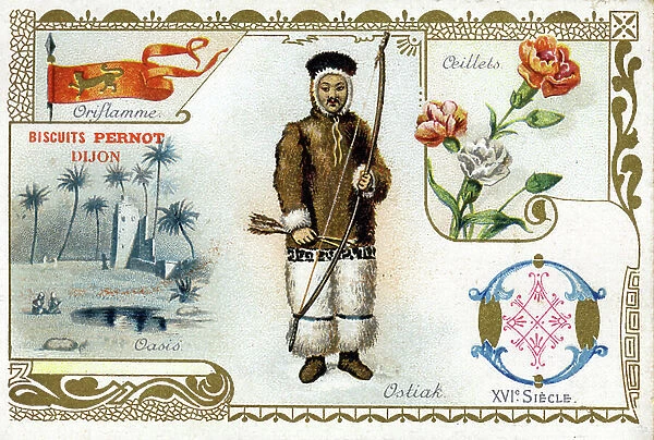 Letter O: 16th century lettrine, Ostiak (Khanty or Khante), Oasis, Carnations, Oriflame. Alphabet (abecedary) illustrates a character in traditional costume, a famous monument, a plant and an object or an insect