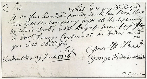 Letter written by Handel, June 1716 (pen & ink on paper) (b  /  w photo)