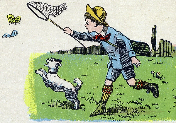 Letter X: Xavier and his faithful dog pursue the little butterflies. Engraving in ' ABC fun'. Monrocq Freres, editors, beginning of the 20th century. 20 pages. Dim: 24, 5x18, 5cm. Private Collection