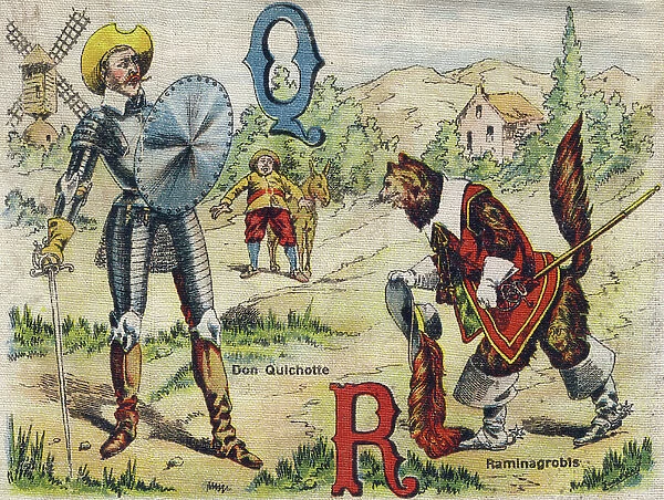 Letters Q and R: Don quixote (Quijote) and Raminagrobis (cat pulls from a fable by Jean De La Fontaine), beg 20th century (chromolithograph)