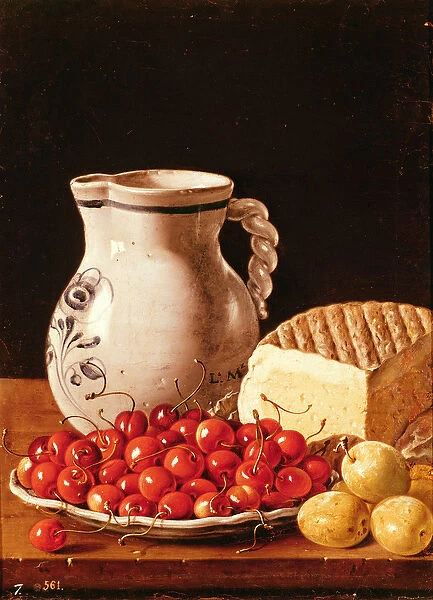 Still Life with cherries, cheese and greengages (oil on canvas)