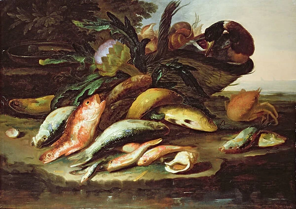 Still Life with Dead Fish and Game (oil on canvas)
