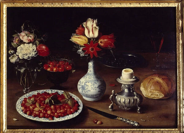 Still life with flower vase Bouquets of tulips and carnations with cherries