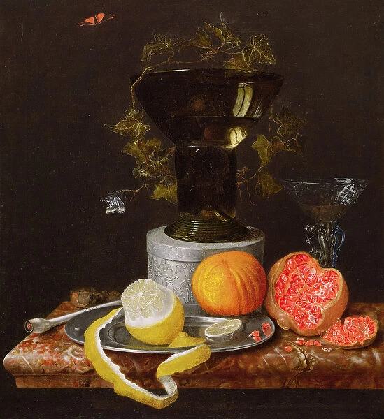 A Still Life with a Glass and Fruit on a Ledge