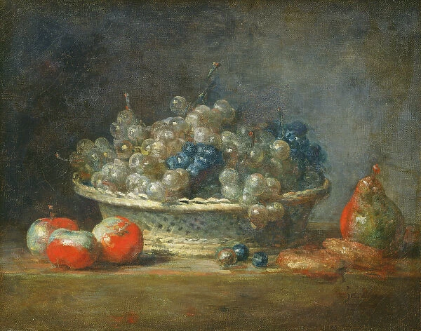 Still life: grape basket with three apples, a pear and two marzipans, 1764 (oil