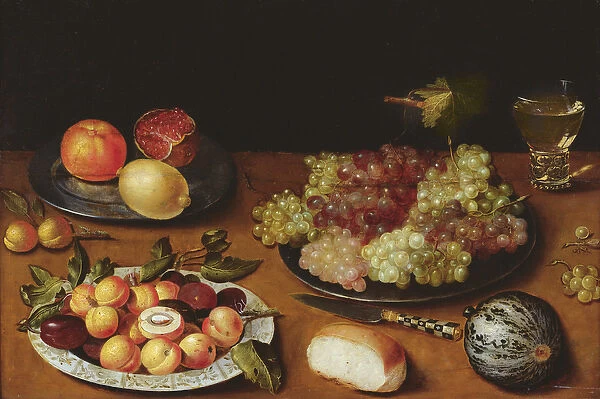 Still life with grapes, pomegranates and apricots (oil on wood)