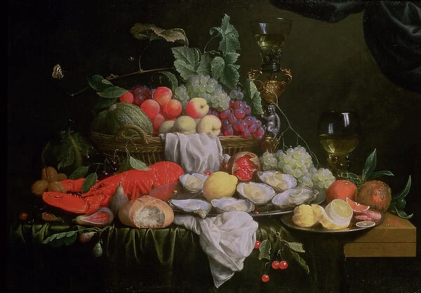 Still Life with Lemon, Oysters, Lobster and Fruit, 1658 (oil on canvas)