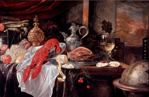 Still Life with Lobster, Ham, Silverware Painting by Andrea Benedetti (1620