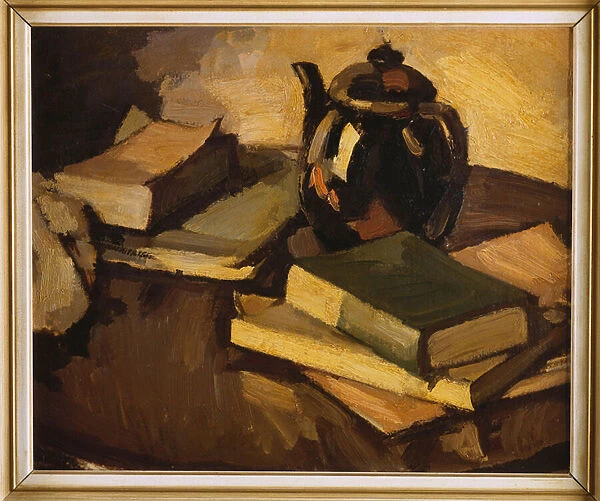 A Still Life with a Teapot and Books on a Table, c. 1926 (oil on canvas)