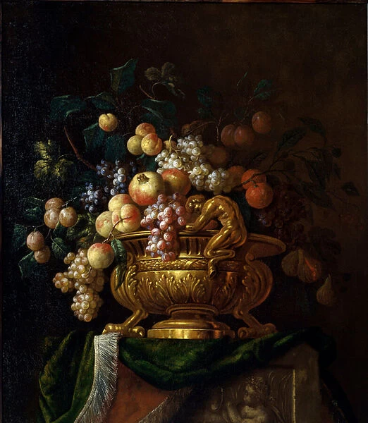 Still life with vase and grenades. Painting by Paul Pillement 17th century. Rouen, Musee des Beaux Arts