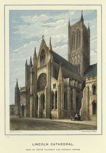Lincoln Cathedral, view of south transept and central tower (colour litho)
