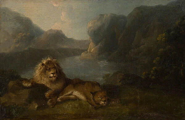 Lions in a Lakeside Landscape (oil on panel)