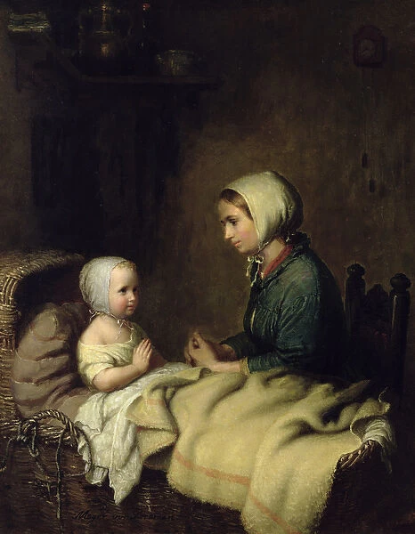 Little Girl Saying Her Prayers in Bed (oil on panel)