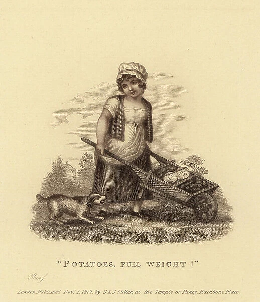Little potato saleswoman with her wheelbarrow. Engraving, in the way of Francesco Bartolozzi (1725-1815), published in Les Cris de Londres: with six charming children and nearly 40 illustrations, by Andrew Tuer, edition Field et Tuer