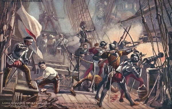 Lord Howard of Effringham on the Ark Royal, engaging Don Alonzo da Leyva, Spanish Armada (colour litho)