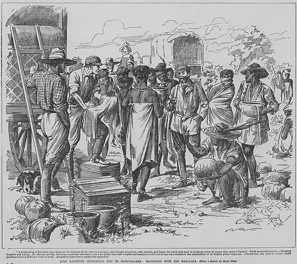 Lord Randolph Churchill bartering with Makalala people in a market during his trip to Mashonaland, 1891 (engraving)