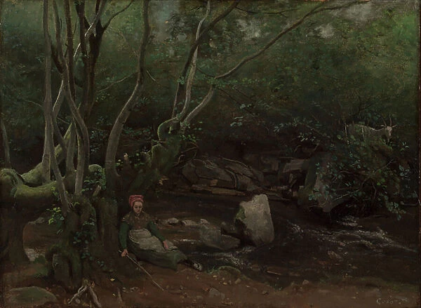 Lormes: Goat-Girl Sitting Beside a Stream in a Forest, 1842 (oil on fabric)