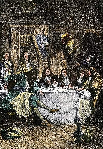 A lounge combining Jean de La Fontaine, Nicolas Boileau, Moliere and Jean Racine. Colored engraving