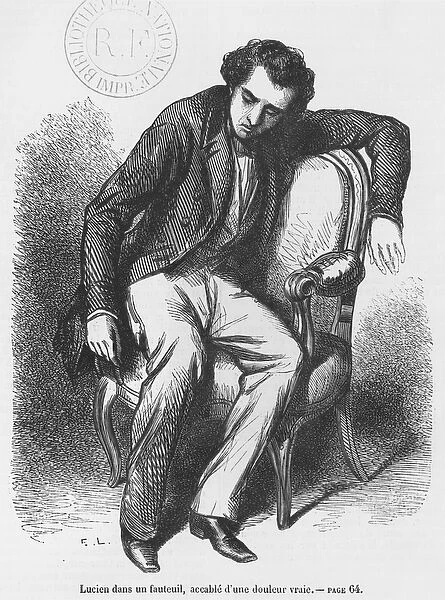 Lucien de Rubempre overwhelmed with sorrow, illustration from Les Illusions
